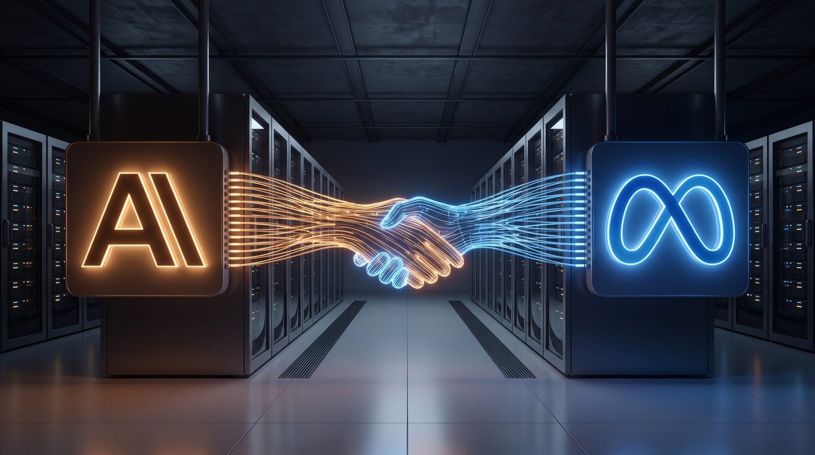 Logos da Anthropic e da Meta conectados por cabos de fibra num corredor de datacenter
