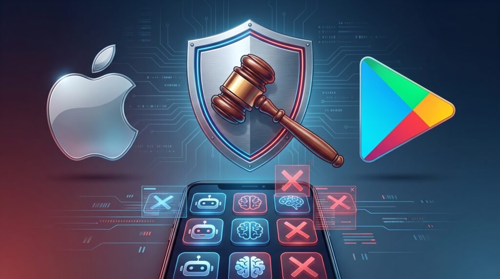 Logos da Apple e do Google Play com um martelo de juiz e um escudo de proteção sobre um smartphone