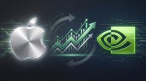 Logos da Apple e da NVIDIA lado a lado com um gráfico de ações em alta entre elas