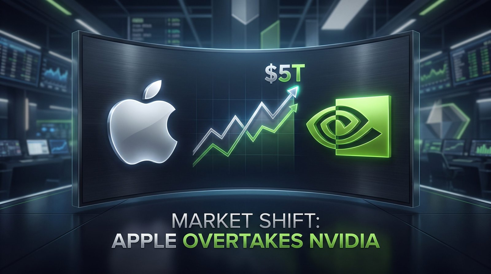 Logos da Apple e da NVIDIA com um gráfico de ações em alta entre as duas num painel financeiro