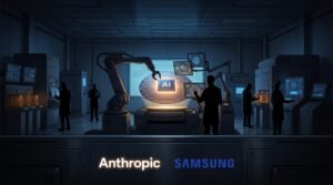 Logos da Anthropic e da Samsung numa sala limpa de semicondutores com chip de IA em wafer 2nm