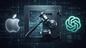 Logos da Apple e da OpenAI com martelo de juiz e cofre de projetos de hardware