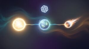 Logo da OpenAI e três camadas de modelo representadas por sol, terra e cometa