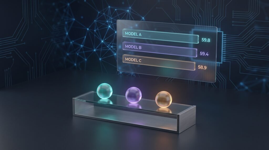 Placar de benchmark com três modelos de IA e pontuações próximas de 58 a 60