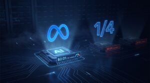 Logo da Meta com chip de IA a US$ 0,01 por mil tokens e comparação de um quarto do preço dos rivais