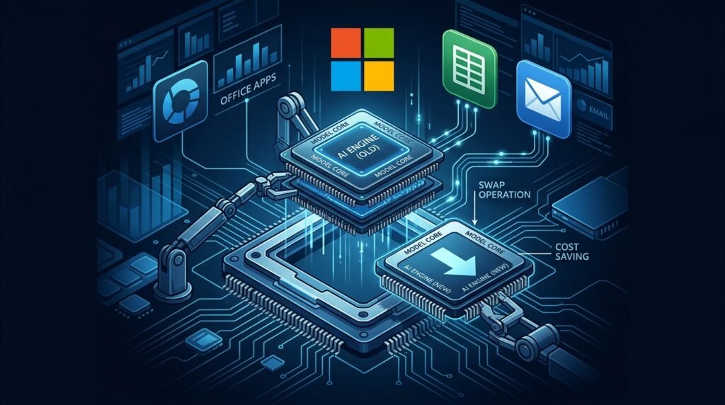 Logo da Microsoft com Excel e Outlook trocando o modelo de IA por um mais barato