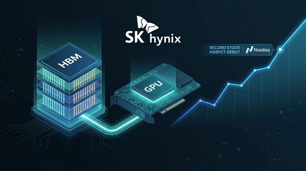 Logo da SK hynix com pilha de memória HBM, GPU e gráfico de estreia na Nasdaq