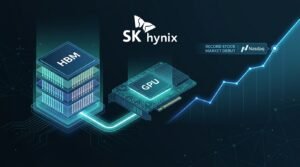 Logo da SK hynix com pilha de memória HBM, GPU e gráfico de estreia na Nasdaq