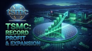 Logo da TSMC com wafer, gráficos de lucro em alta e fábrica no deserto do Arizona