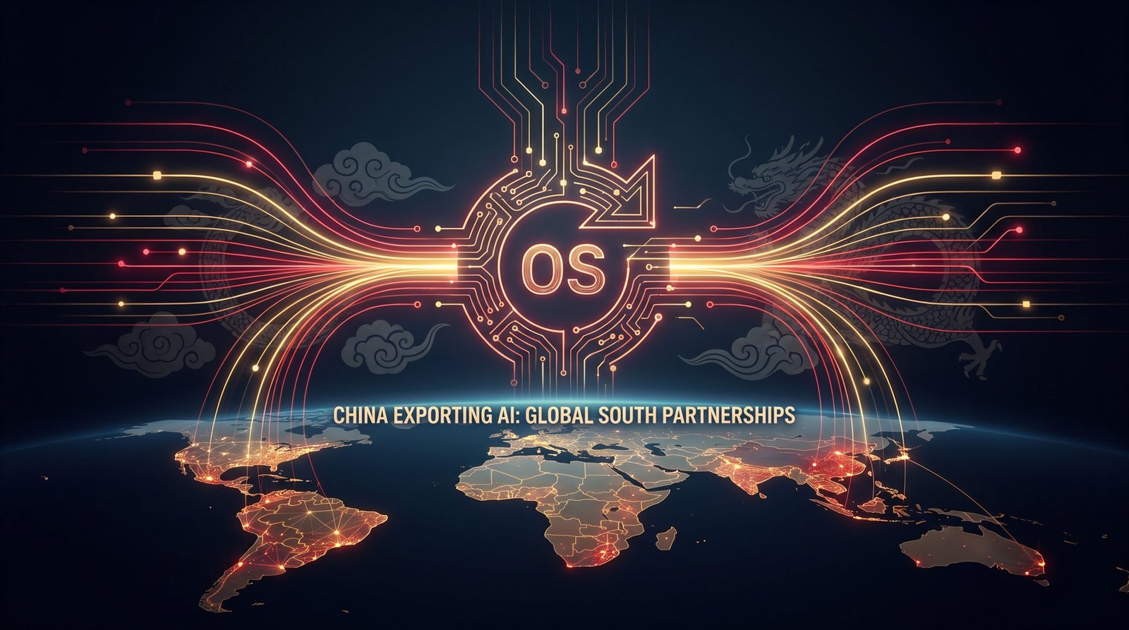 IA open-source saindo da China para o Sul Global em linhas de circuito vermelhas e douradas