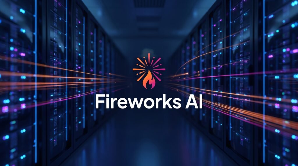 Logo da Fireworks AI sobre um datacenter com servidores GPU e feixes de luz laranja e magenta
