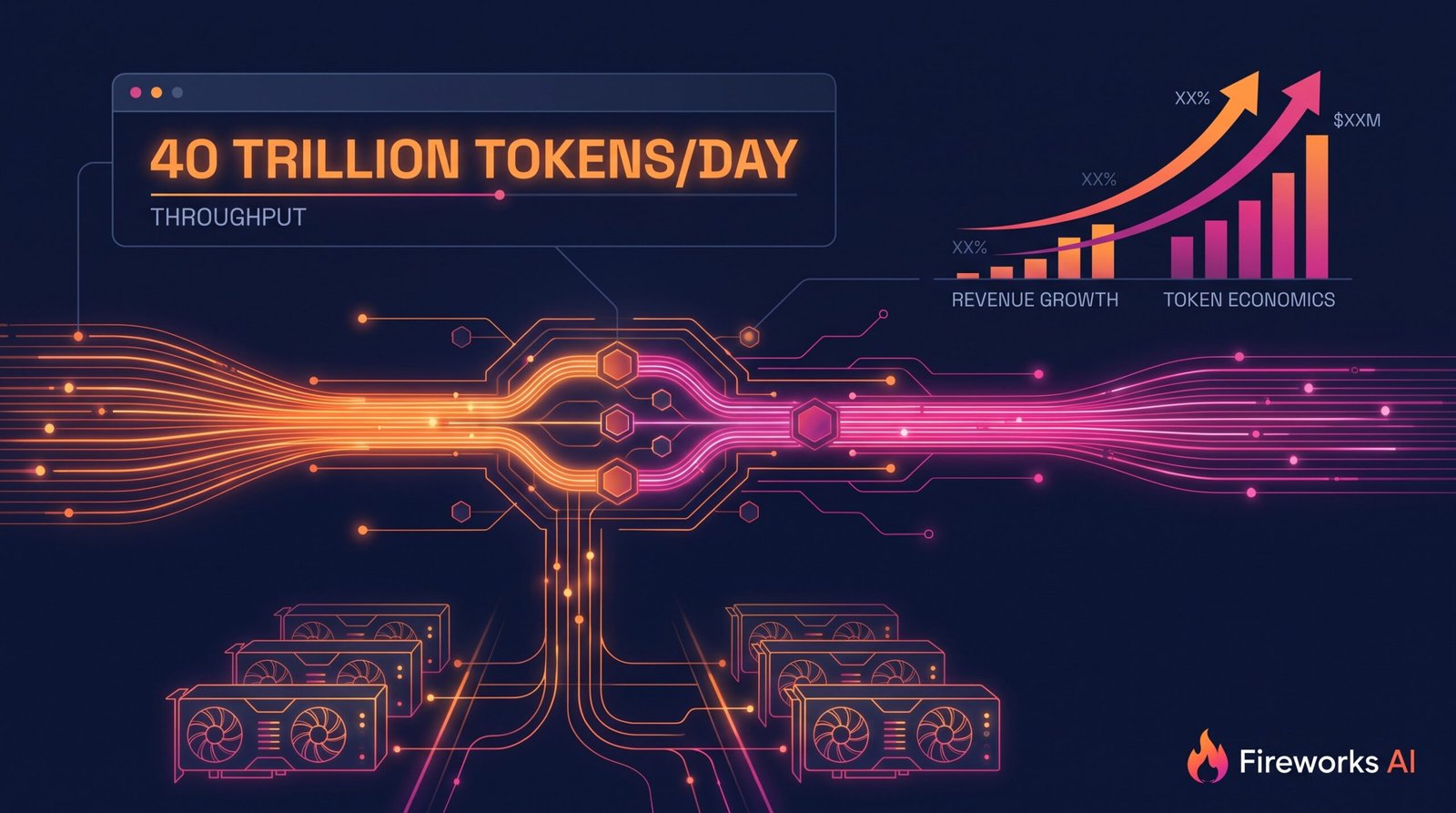 Painel ilustrando 40 trilhões de tokens por dia e o crescimento de receita da Fireworks AI