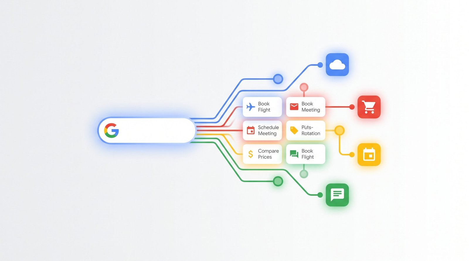 Barra de busca do Google se abrindo em ações de apps conectados nas cores azul, vermelho, amarelo e verde