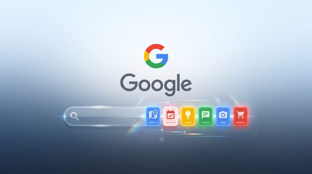 Logo do Google e uma barra de busca se transformando em ícones de ação de apps
