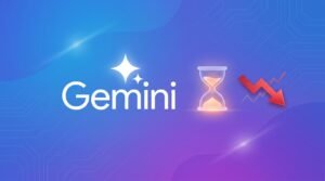 Logo do Google Gemini ao lado de uma ampulheta e uma seta vermelha de queda na bolsa