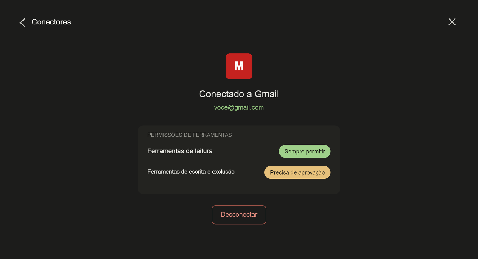 Tela de gerenciar o conector com opção de desconectar