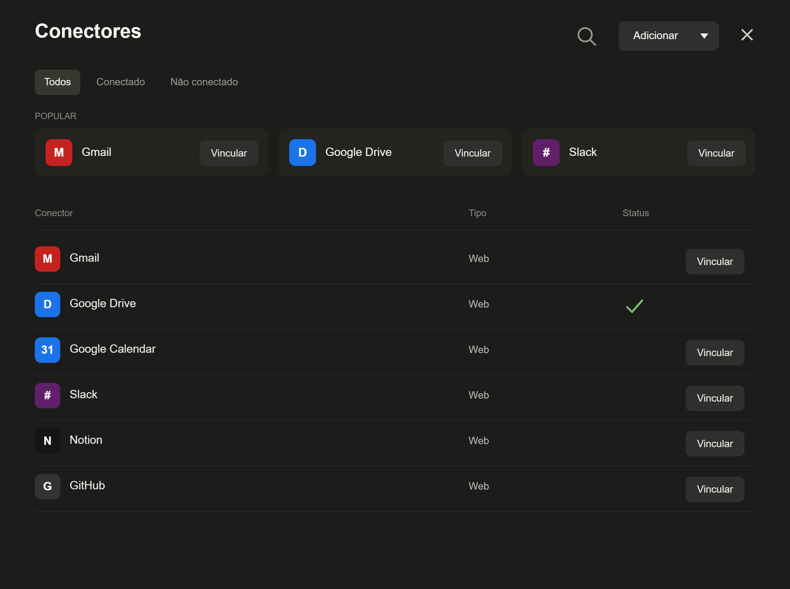 Tela de Conectores do Claude com a lista de apps e botões Vincular