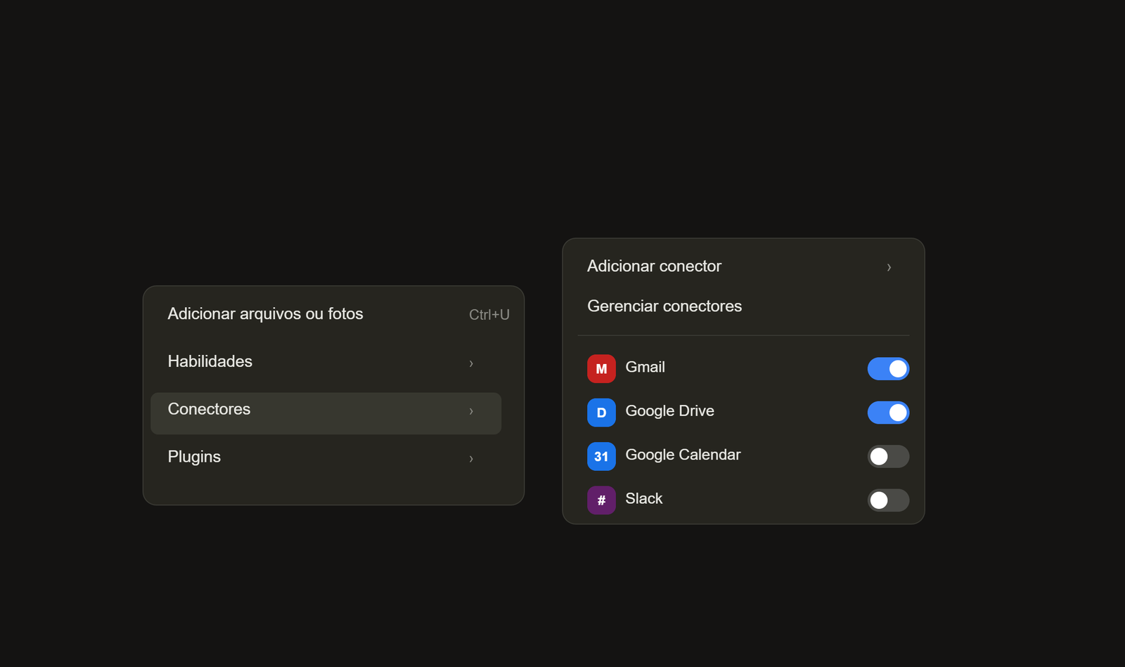 Menu de conectores no chat do Claude com apps ligados e desligados