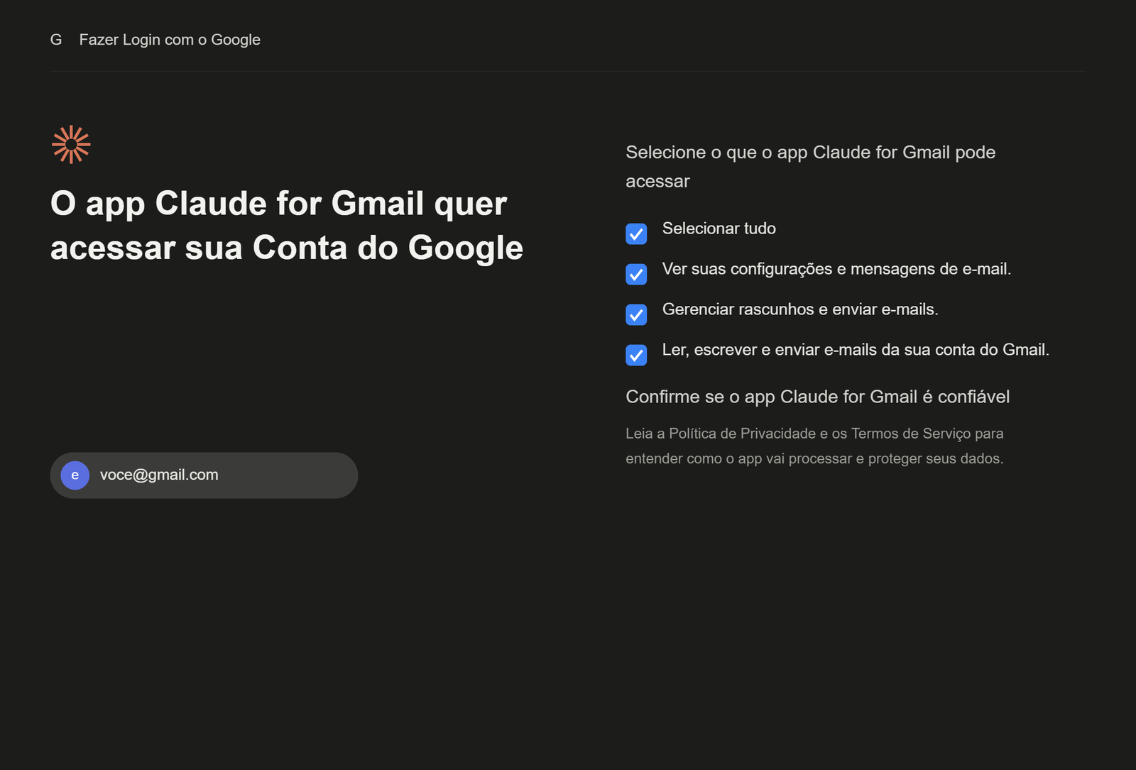 Tela de permissões do Google com conta de exemplo