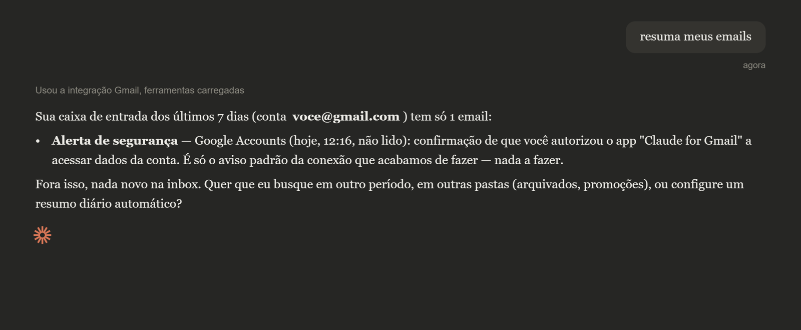 Claude resumindo a caixa de entrada do Gmail pelo conector, com conta de exemplo