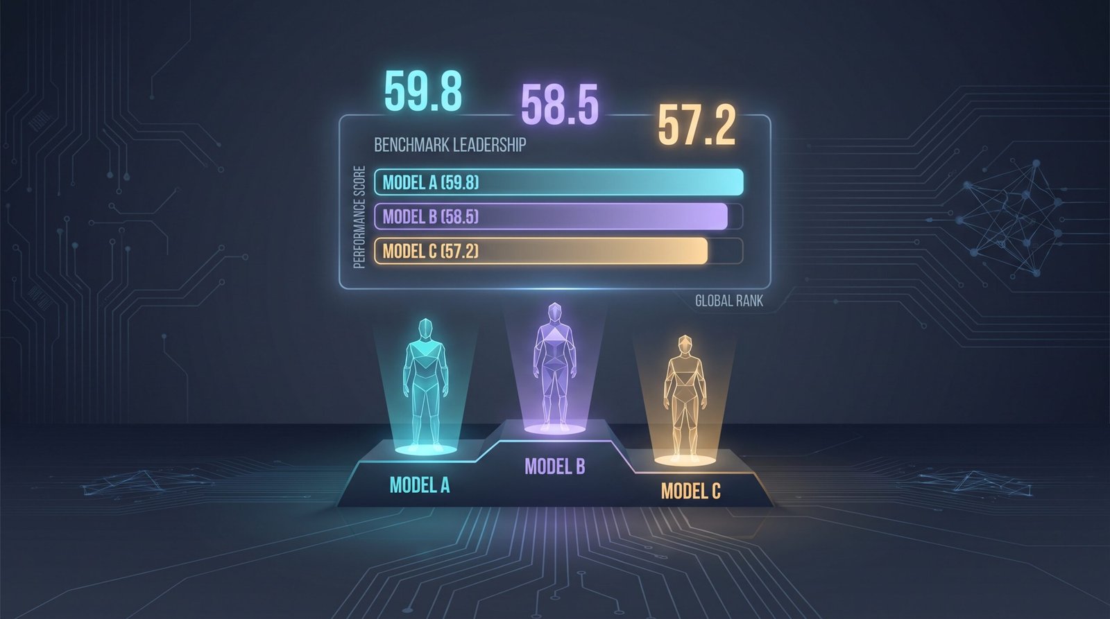 Placar de benchmark comparando três modelos de IA de ponta, com pontuações muito próximas