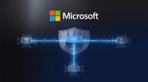 Logo da Microsoft com um roteador dentro de um escudo distribuindo conexões entre nós de rede