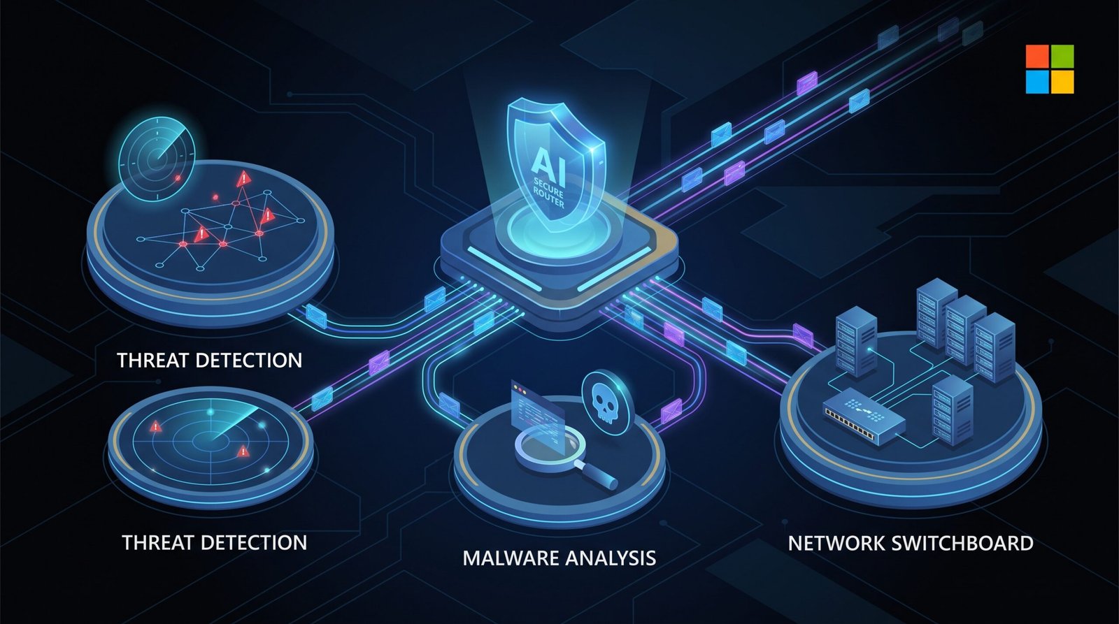 Roteador de segurança da Microsoft distribuindo tarefas entre detecção de ameaças, análise de malware e infraestrutura
