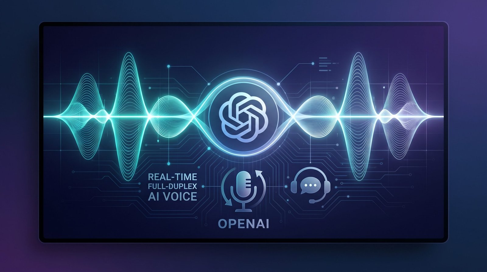 Duas ondas de voz sobrepostas com o logo da OpenAI, ilustrando escuta e fala simultâneas