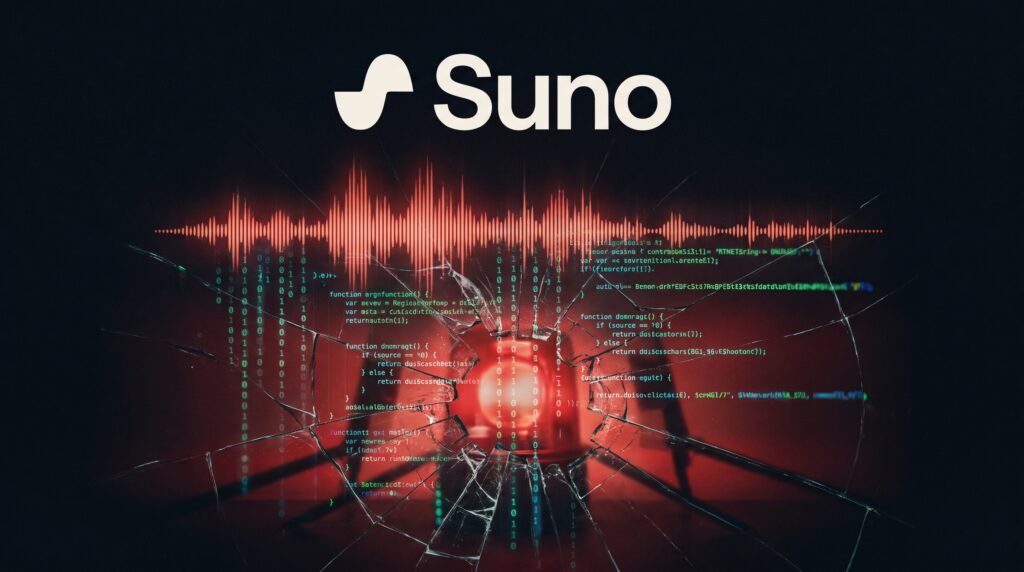 Logo da Suno sobre uma onda sonora dissolvendo em código vazado com estética de invasão