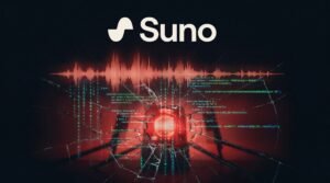 Logo da Suno sobre uma onda sonora dissolvendo em código vazado com estética de invasão
