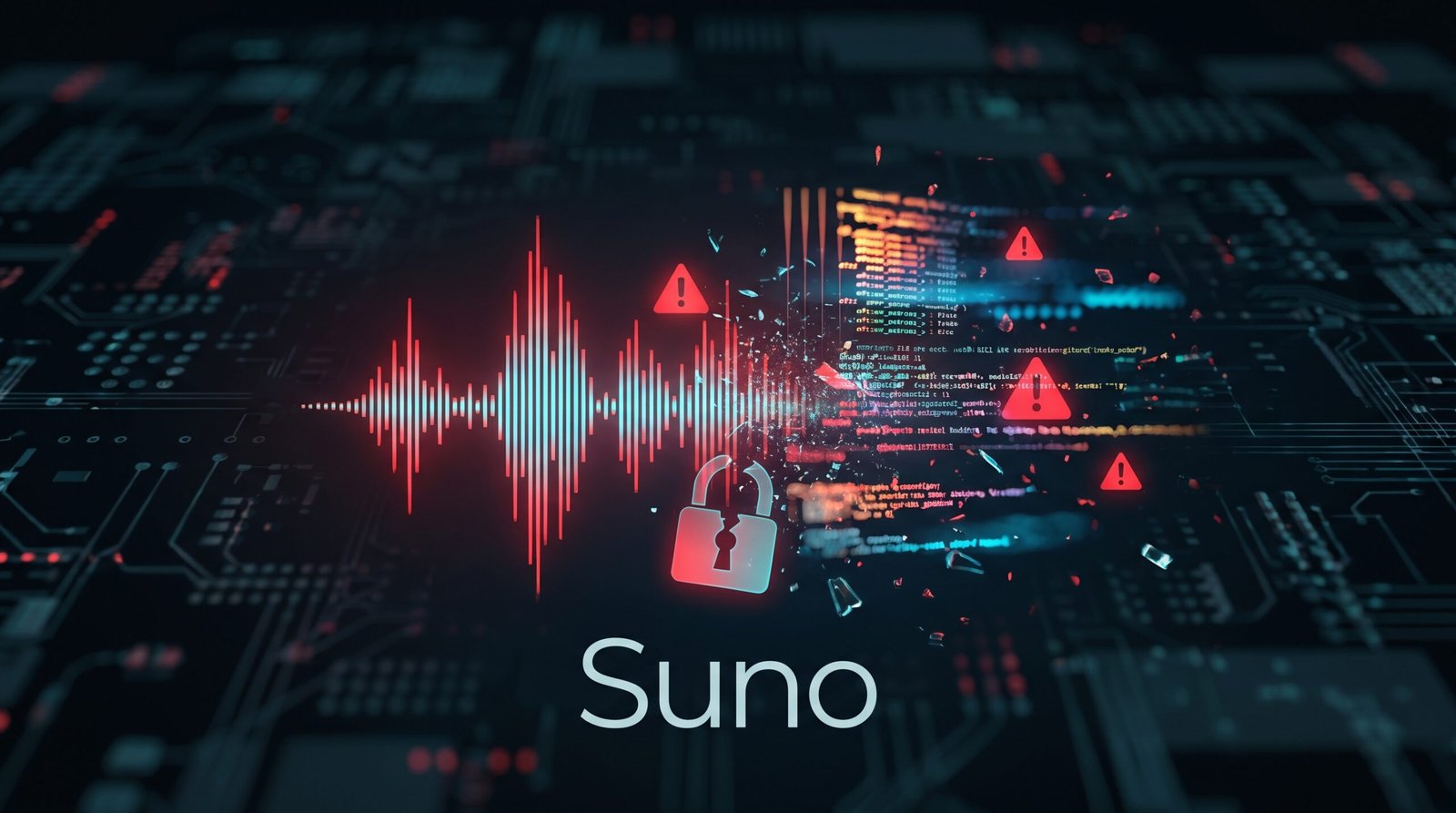 Onda sonora da Suno se despedaçando em código-fonte vazado, com alertas vermelhos e cadeado rompido
